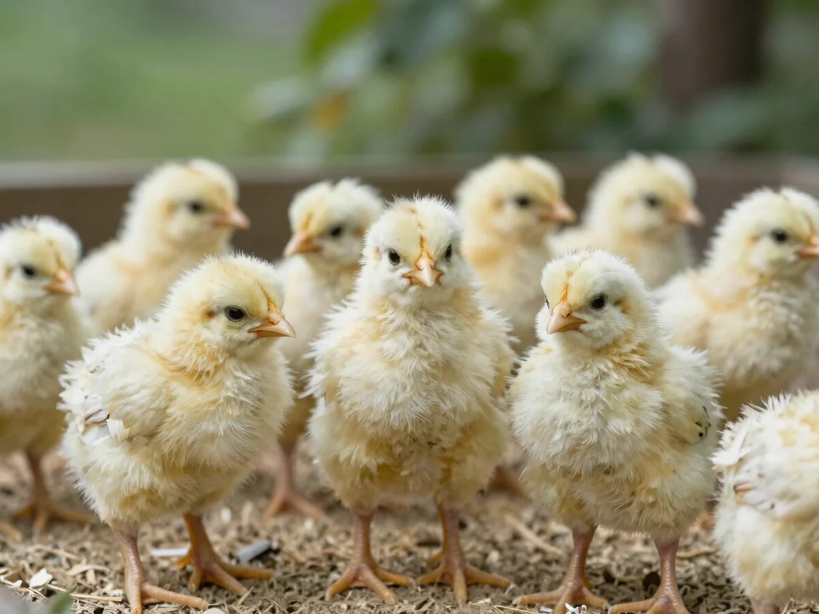 Day-old chicks in a clean brooder under soft daylight, close fram