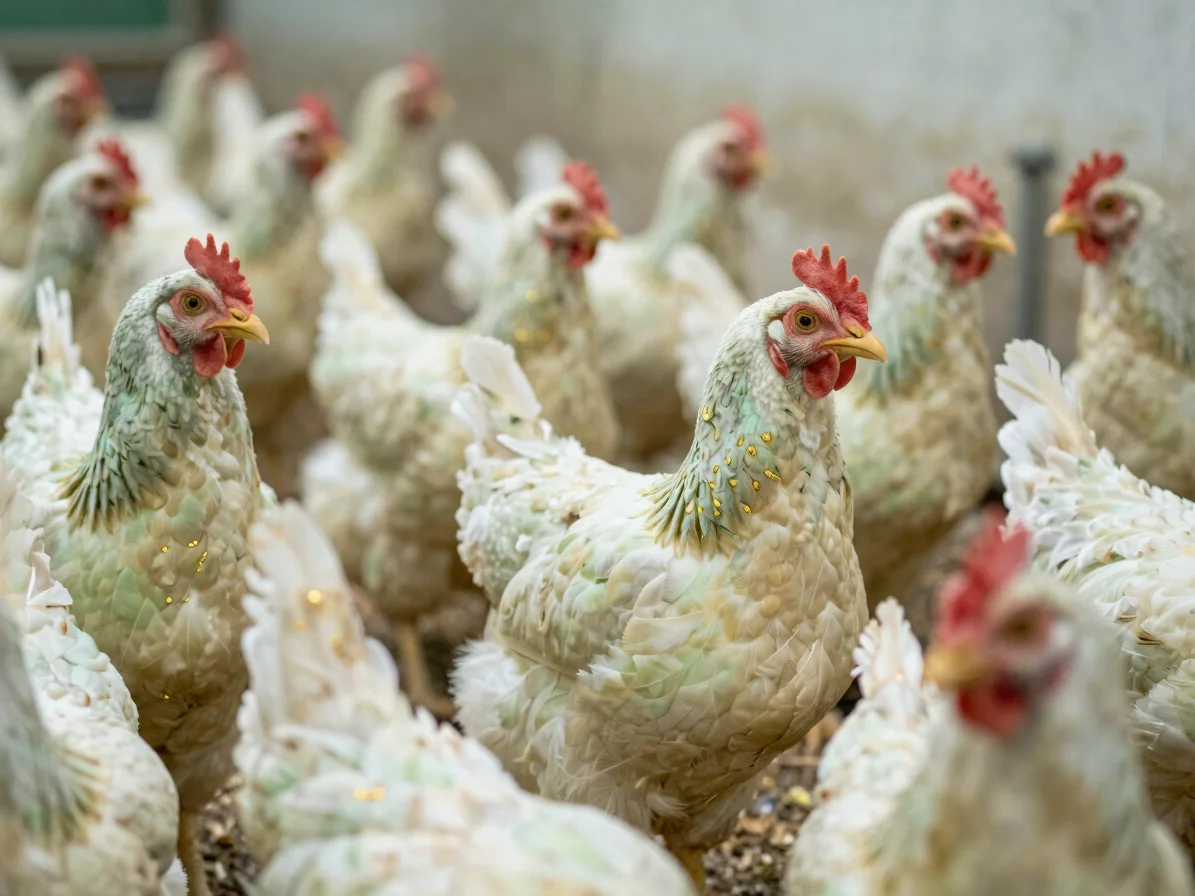 Point-of-lay layer hens in a commercial shed, soft natural daylig