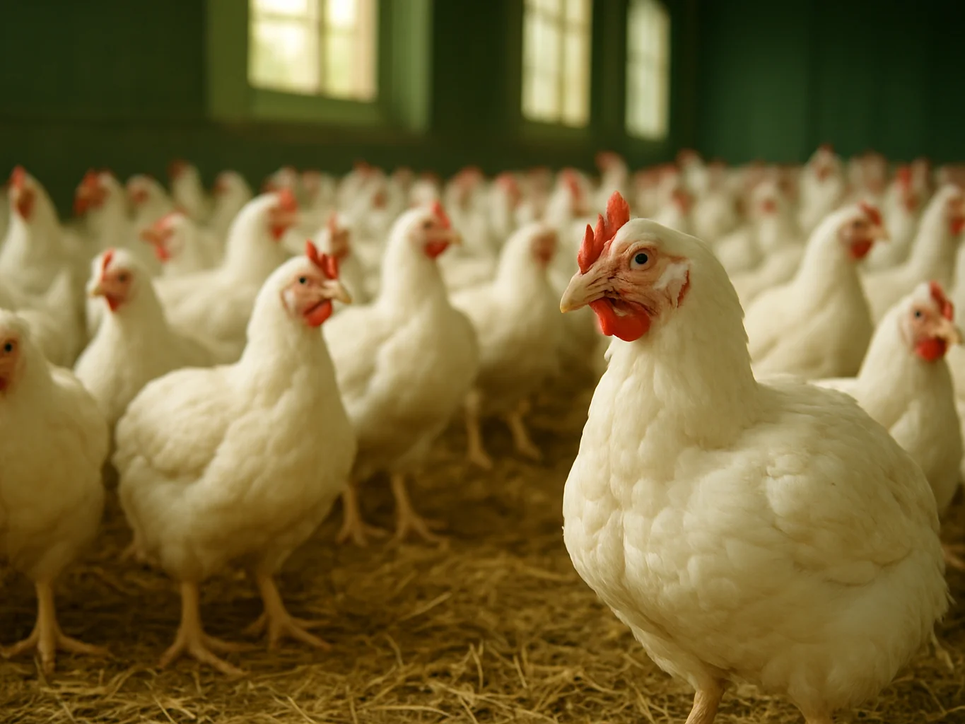 Broiler chickens at market age in a clean pen, even daylight, for