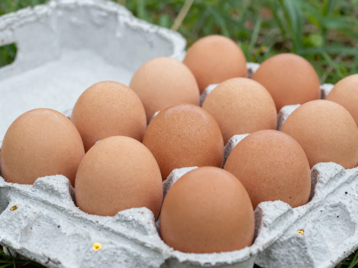 Fresh brown eggs in a clean tray, soft natural daylight, close de