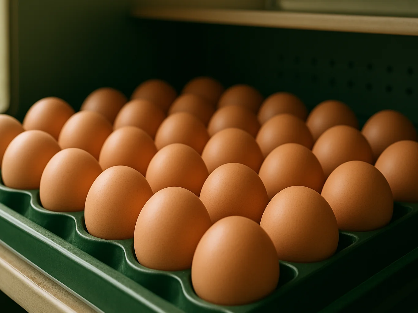 Fertile eggs in an incubator tray, even natural daylight, clear s