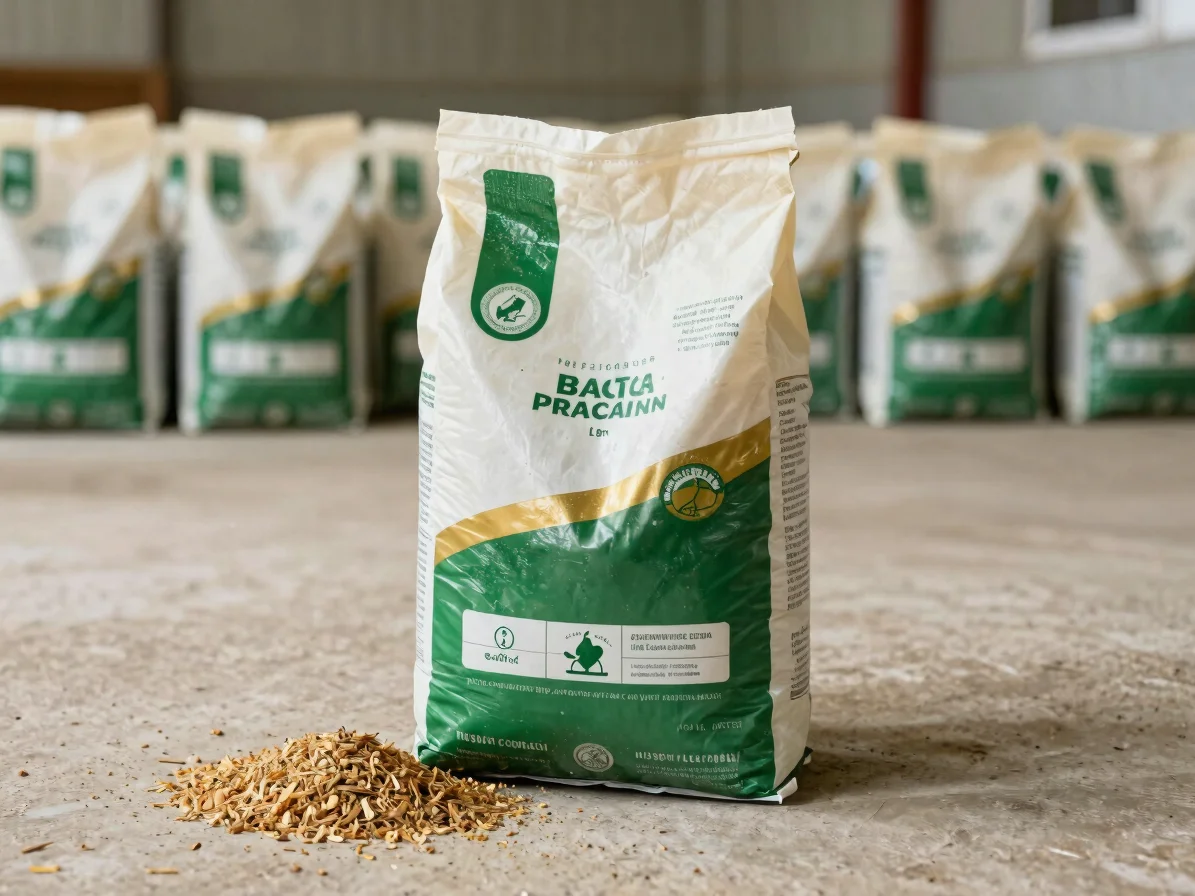 Bags of poultry feed on a clean farm floor, soft natural daylight
