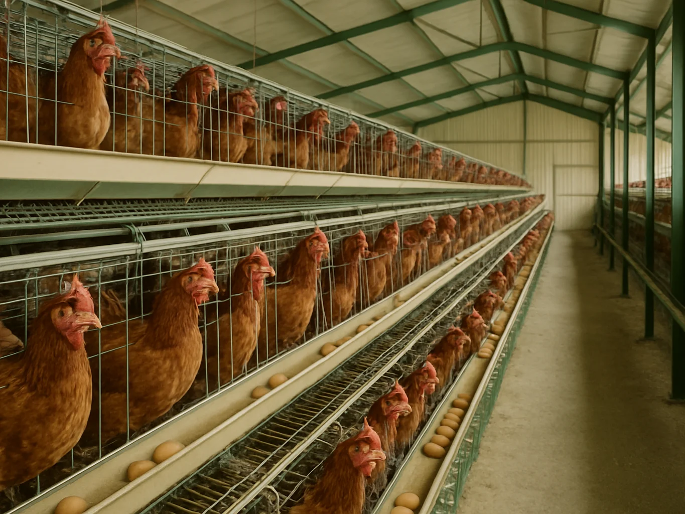 Battery cages in a clean commercial shed, even daylight, clear st