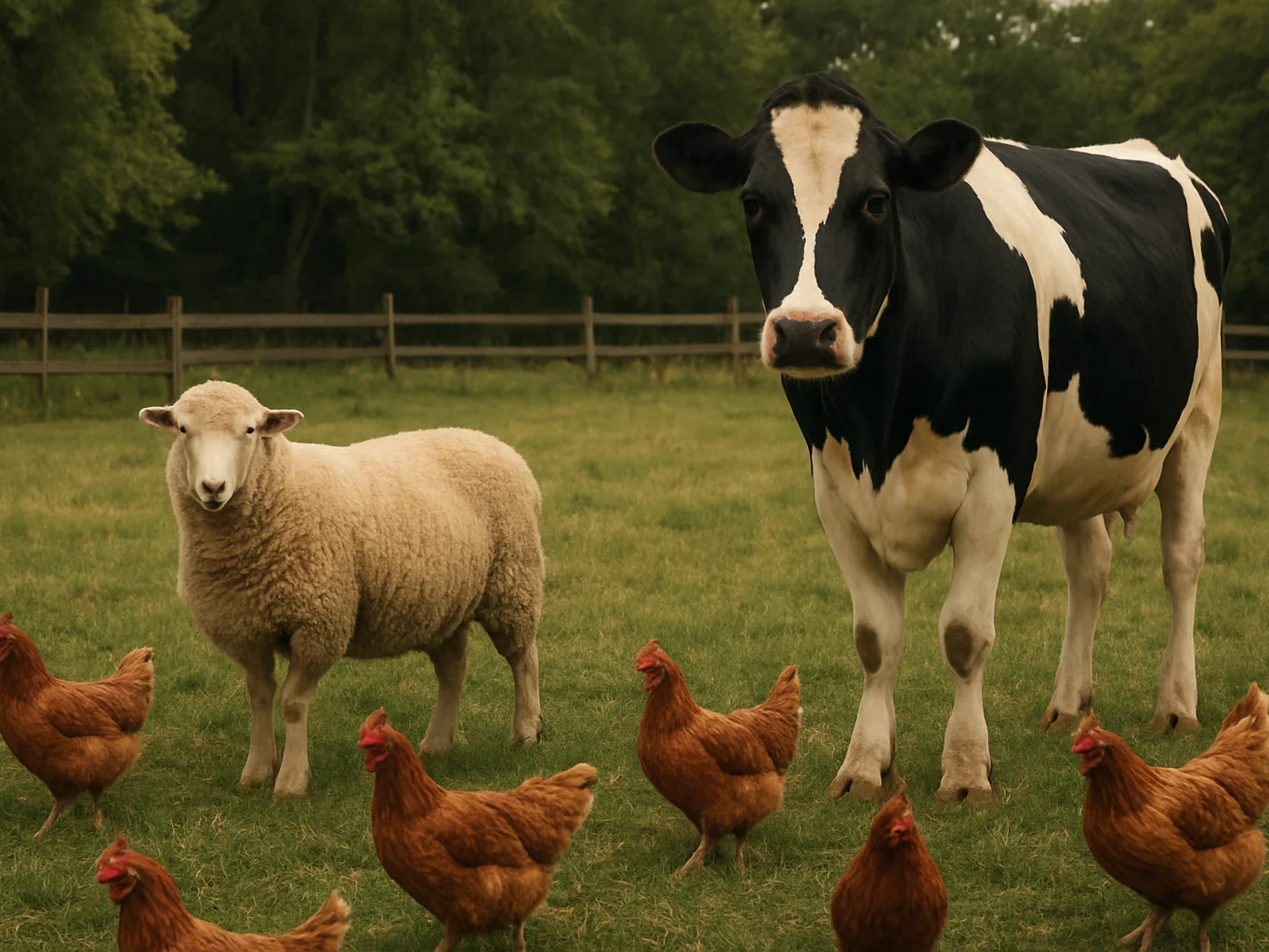 Livestock on a farm yard in soft natural daylight, clear framing