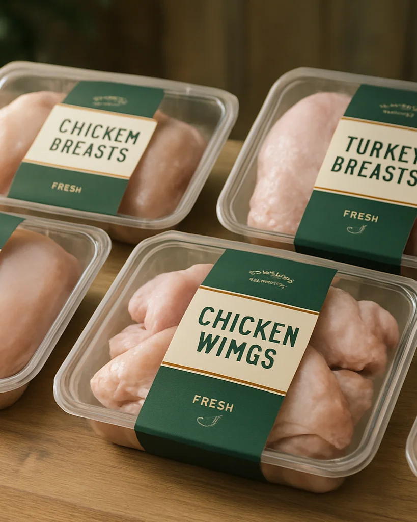Wide professional farm photograph of packaged poultry combo bundles arranged on a clean wooden surface, soft natural day